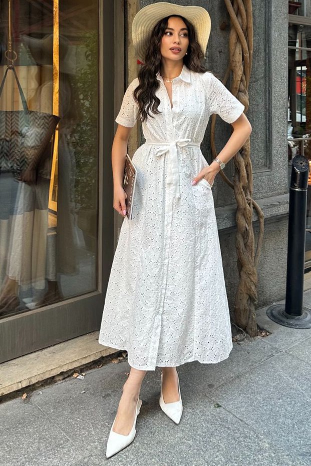 Women's Black Lotus Flower Pattern Pocket and Belt Detail Lined Short Sleeve Cotton Scallop Midi Shirt Dress