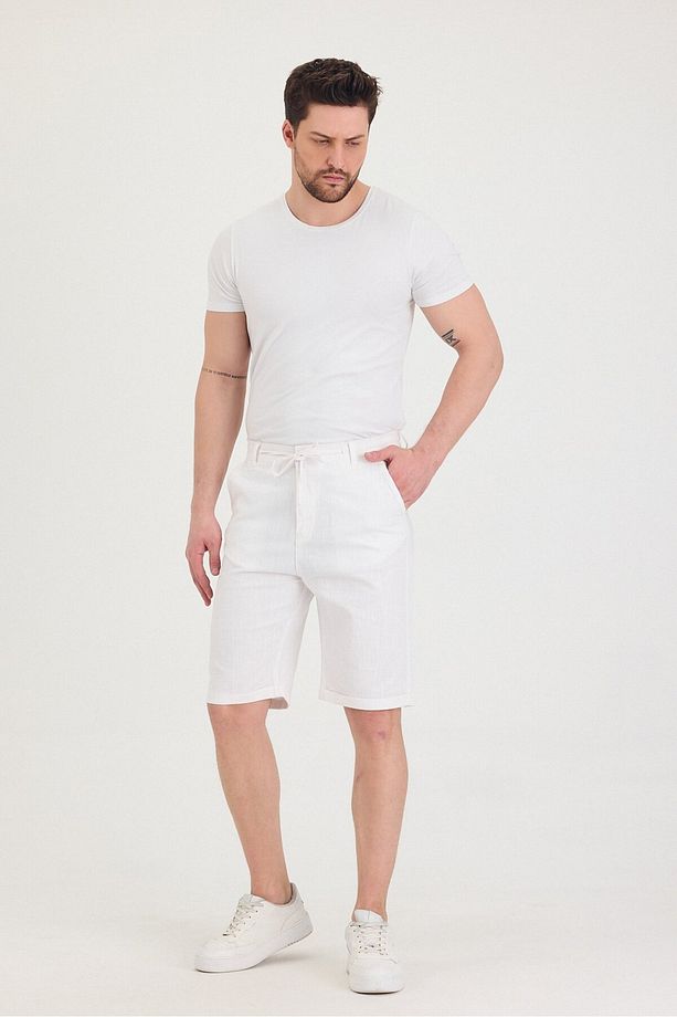 Erkek Slim Fit Keten Chino Şort - 6