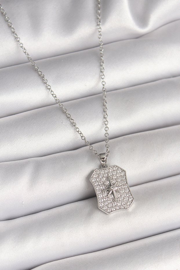 316L Steel Silver Color Chain Zircon Stone Pole Star Embroidered Medallion Model Women's Necklace