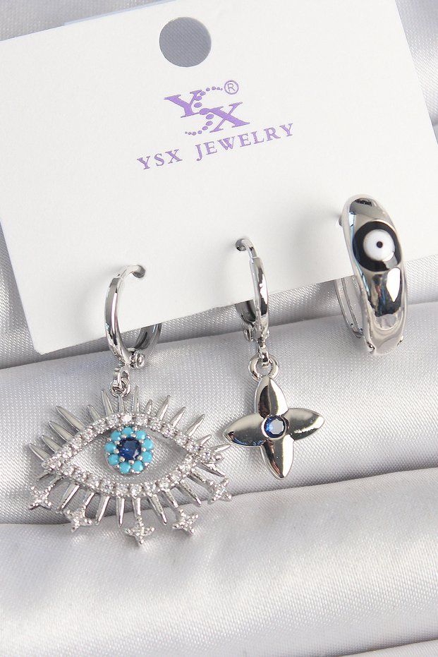 Brass Silver Color Zircon Stone Eye Model Evil Eye Bead Detail 3-Piece Women's Combination Earrings