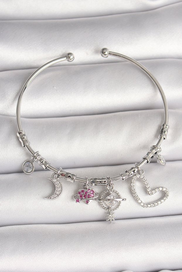 Brass Silver Dangle Zircon Stone Planet Figure Heart Detail Charm Women Bracelet - Blk-0218