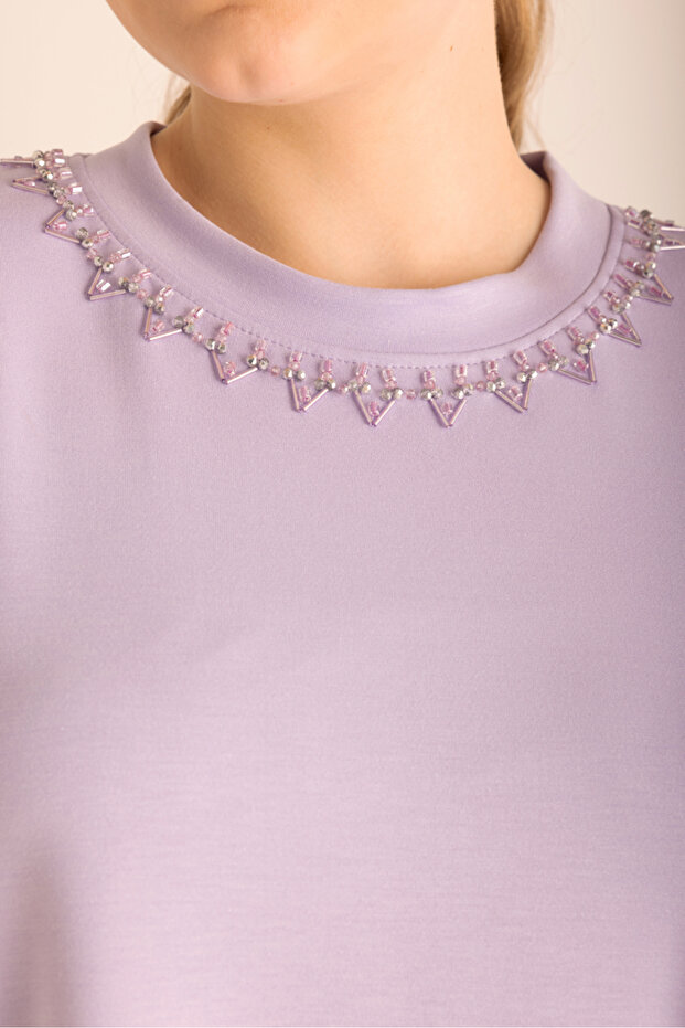 Yakası İşlemeli Örme Kısa Kollu Bluz - 3