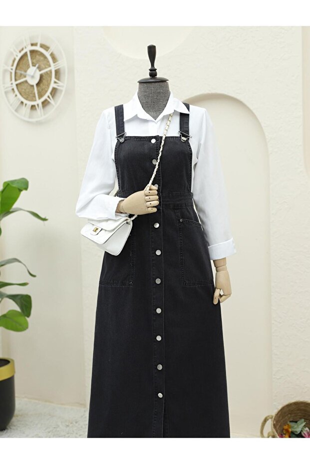 Buttoned Double Pocket Denim Salopet - 1