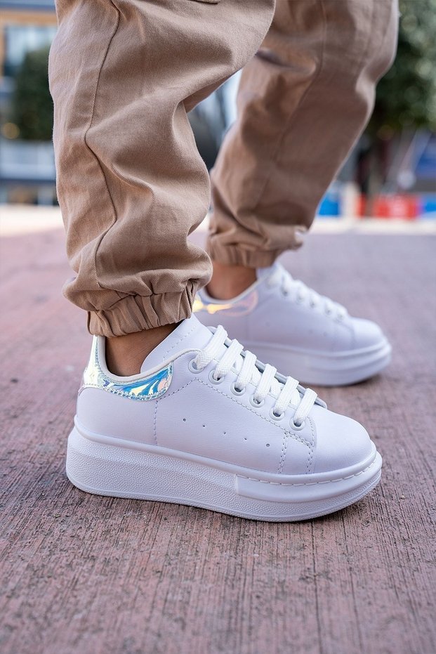 Girls' White Holographic Sneakers, Thick Sole Comfortable Sneakers