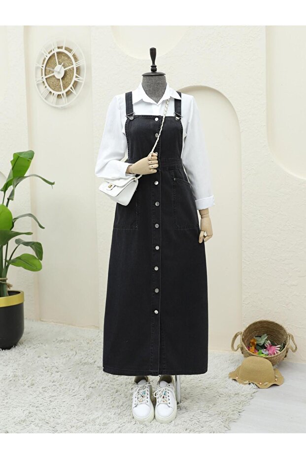 Buttoned Double Pocket Denim Salopet - 2