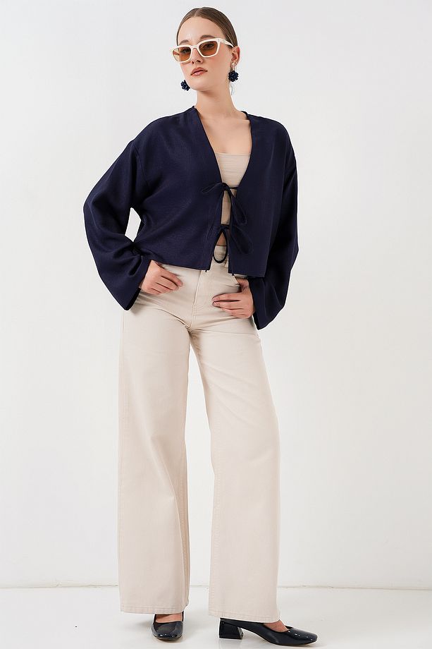 Önü Bağlamalı Keten Kimono 960 - Lacivert - 2