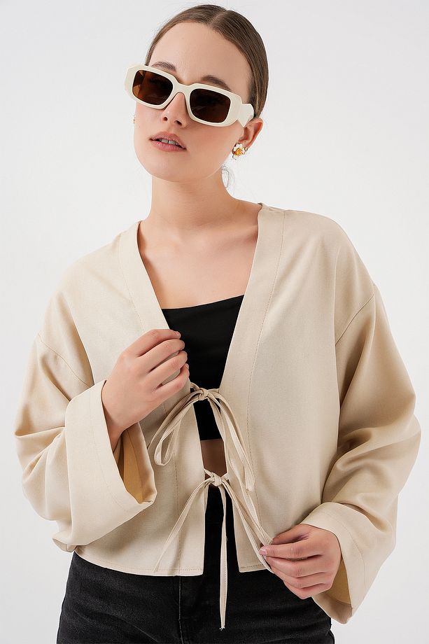 Önü Bağlamalı Keten Kimono 960 - Krem - 4