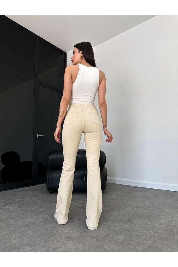 Kadın Krem İspanyol Paça Jean Krem İspanyol Kot Pantolon - 3