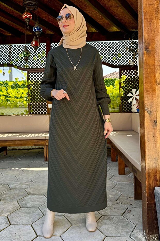 Yağmur Triko Elbise Haki - 8
