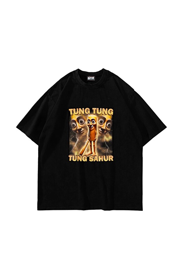 تي شيرت أسود كبير الحجم مطبوع عليه Tung Tung Tung Sahur للجنسين