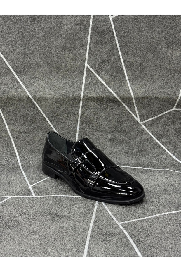 Black Patent Leather Genuine Leather Double Buckle Classic Shoes
