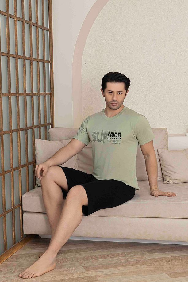 Erkek Yeşil Kısa Kol Şort Penye Pijama Takımı - 1