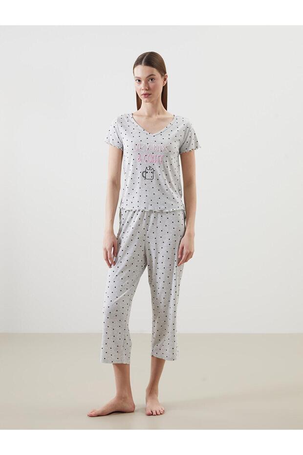 Lcw Dream V-Neck Patterned Women's Capri Pajama Set (S5)