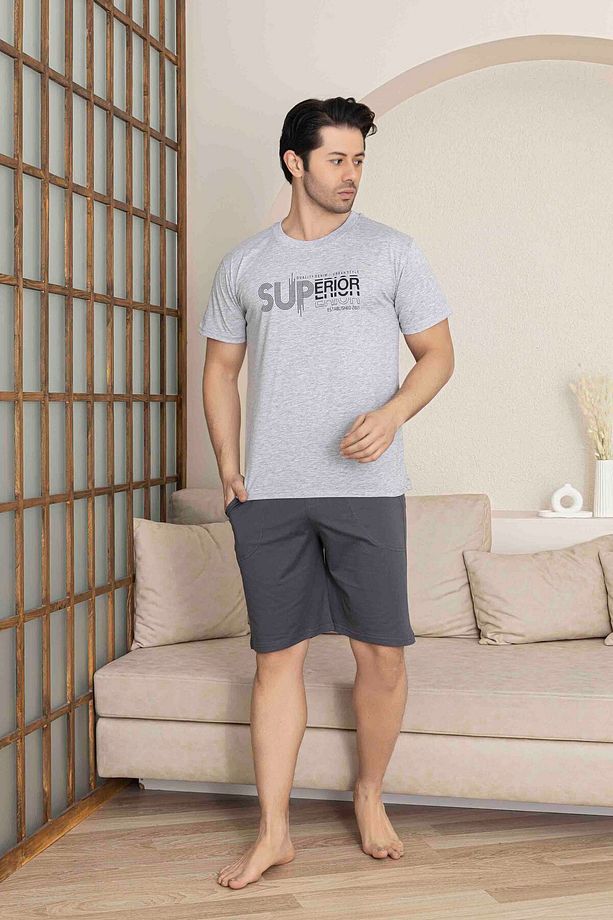 Erkek Gri Kısa Kol Şort Penye Pijama Takımı - 2