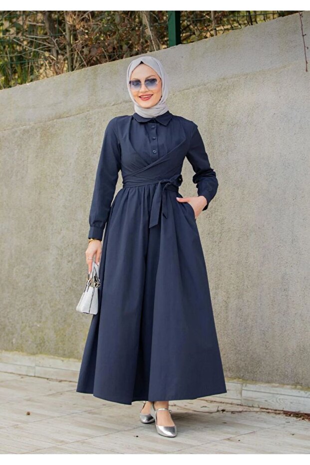 فستان مزين بأزرار نصف رقعة - 1