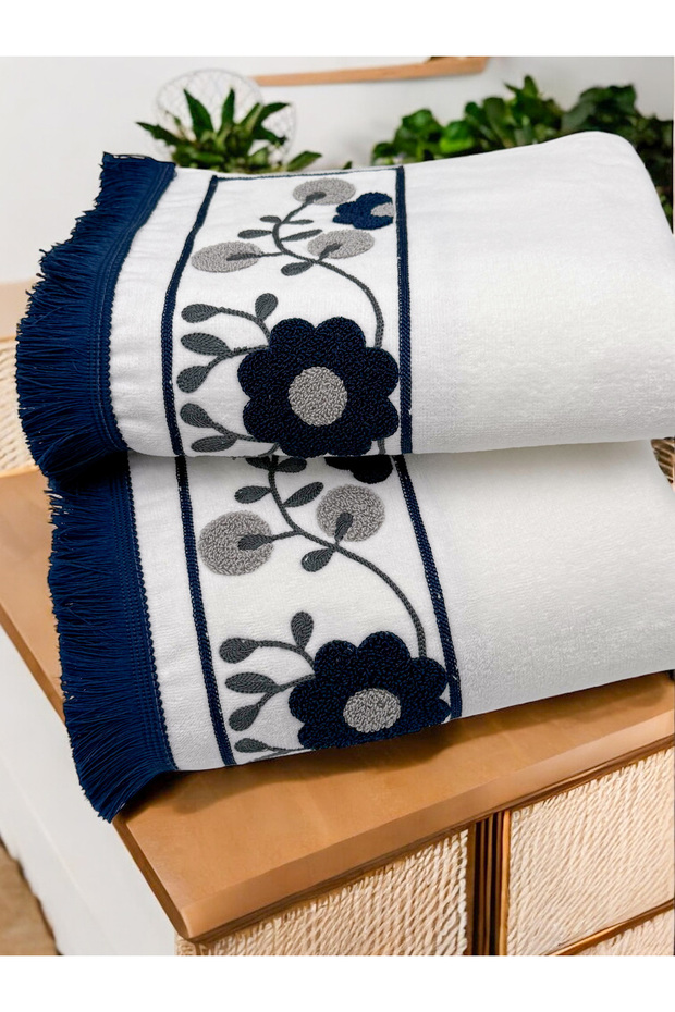 Punch Embroidered Fringed 2 Pieces 50X90 Hand Face Towel Set