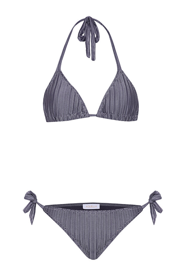 Zigzag Patterned Anthracite Tie-Up Bikini Set - 1