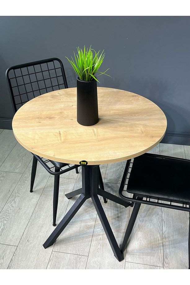 Nisa Safir Meşe Yuvarlak Mutfak Masası Yemek Masası Metal Siyah Ayak 70 Cm - 2