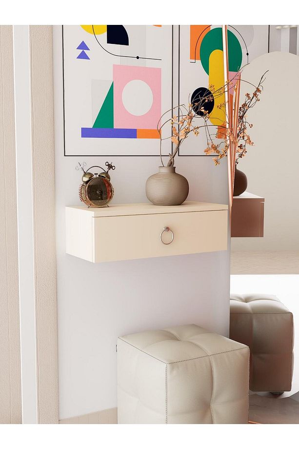Vizon Rengi Duvara Monte Dresuar | Halka Kulplu Tek Kapaklı %100 Mdf Konsol (60CM) | Şık, Modern Raf - 3