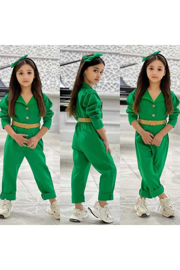 Girl's Gabardine Fabric Jumpsuit Belt Bandana 3-Piece Combination