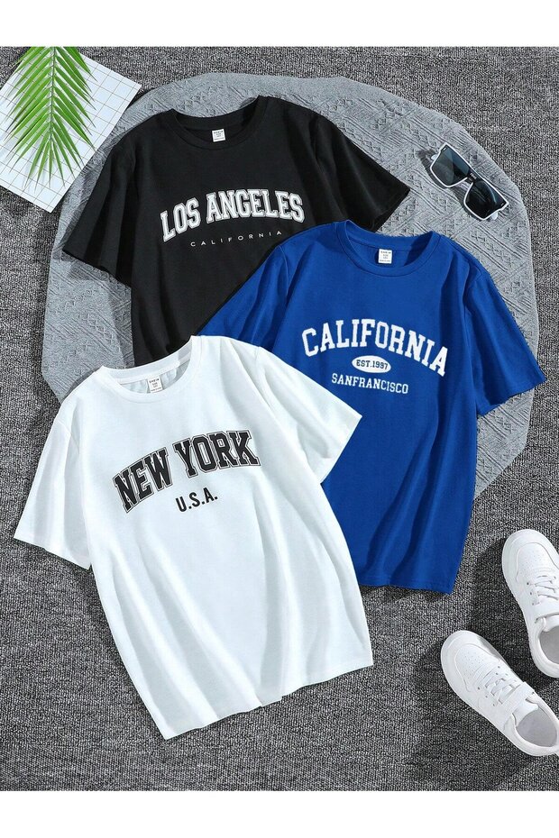 Unisex Los Angeles, California Printed 3 Pieces Oversize T-Shirt Pack of 3