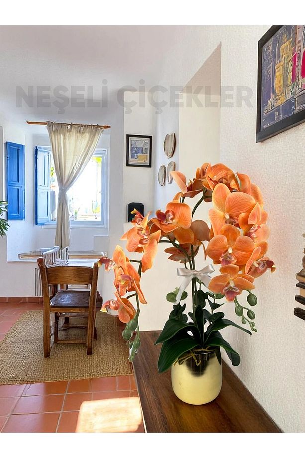 Yapay Çiçek Islak Orkide 2 Dallı Lüks Gold Metal Saksıda 55 cm Turuncu Hediye Çiçek - 5