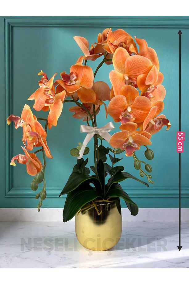 Yapay Çiçek Islak Orkide 2 Dallı Lüks Gold Metal Saksıda 55 cm Turuncu Hediye Çiçek - 6