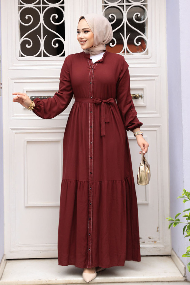 Buttoned Dark Brick Hijab Dress 23929Kkrmt