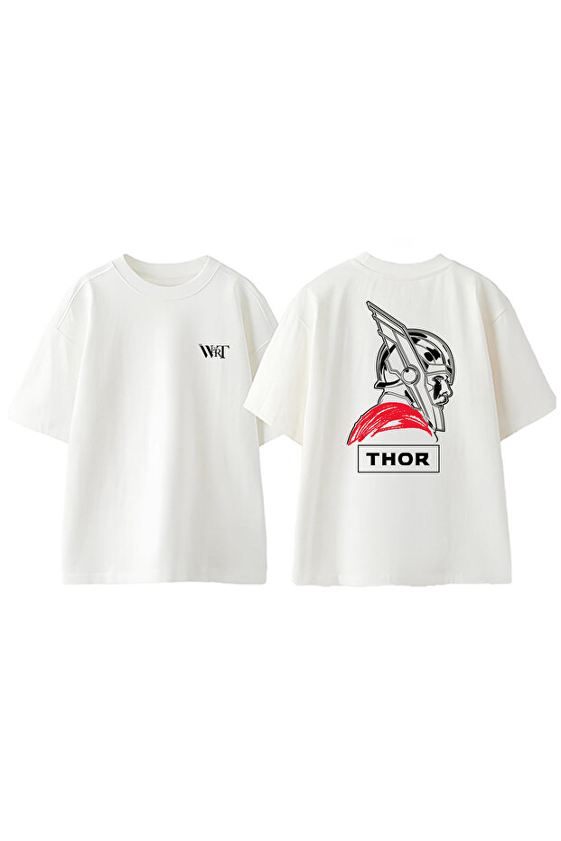 Thor Drawing Design Back Printed Cotton White Oversize T-Shirt