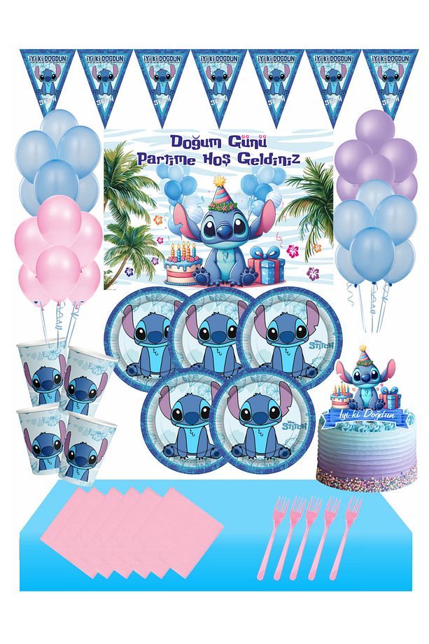 Lilo & Stitch 32 Kişilik Dev Boy Afişli (100x140cm) Doğum Günü Seti - Stich Pembe Tema - 1