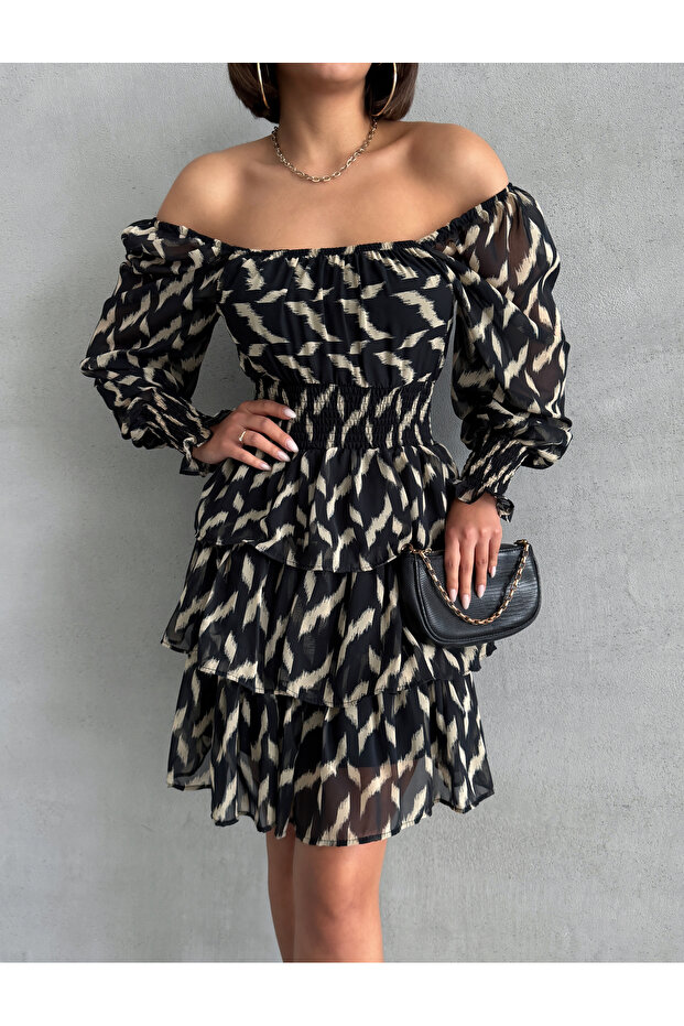 Women's Black Patterned Elastic Skirt Layered Lined Chiffon Dress