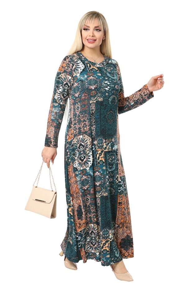 Blue Ethnic Patterned Viscose Mother Plus Size Women's Dress