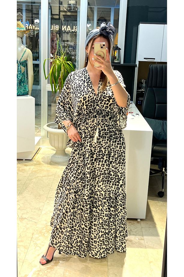 Leopar Desenli Belden Lastikli Hint İpeği Elbise - 9