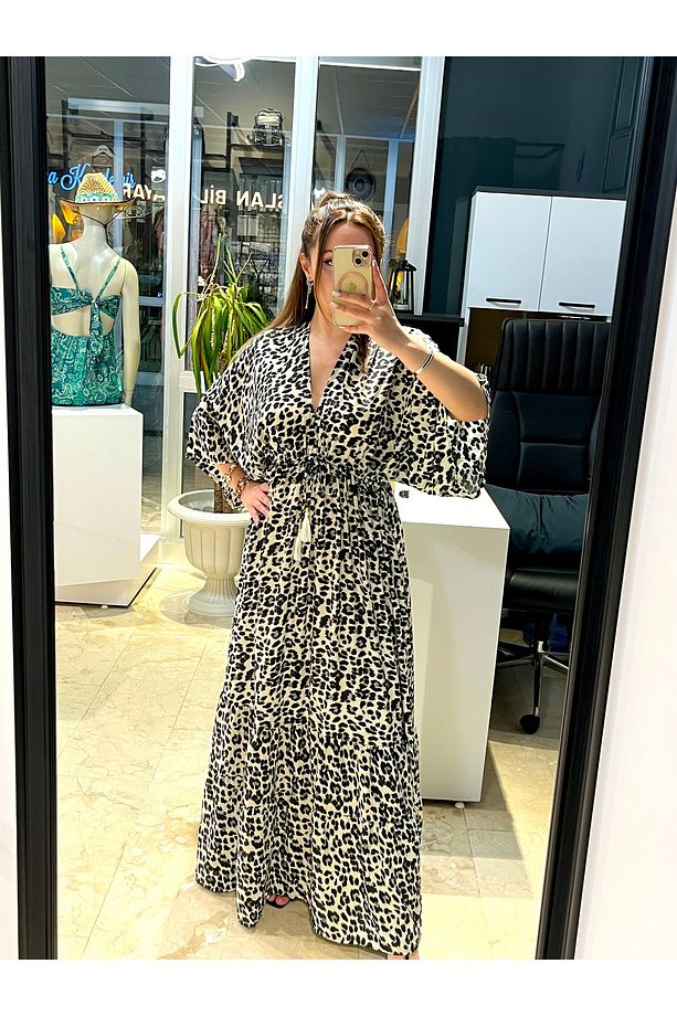 Leopar Desenli Belden Lastikli Hint İpeği Elbise - 6