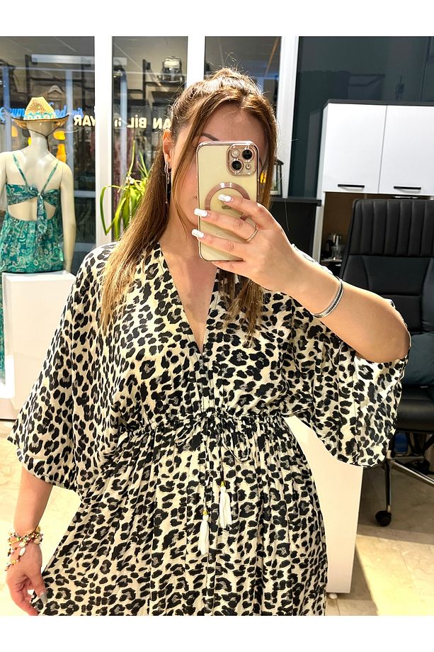 Leopar Desenli Belden Lastikli Hint İpeği Elbise - 4