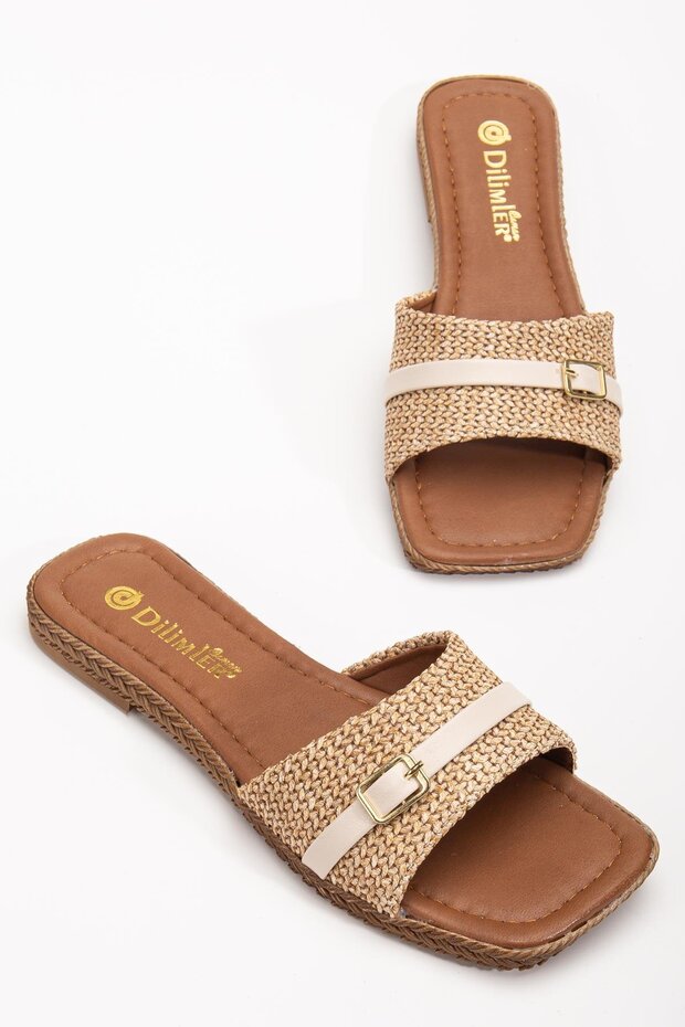 Women's Flat Heel Slippers Beige Straw Thick Single Band