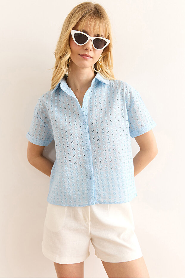 Women's Baby Blue Double Sleeve Scallop Shirt Gml-19001340