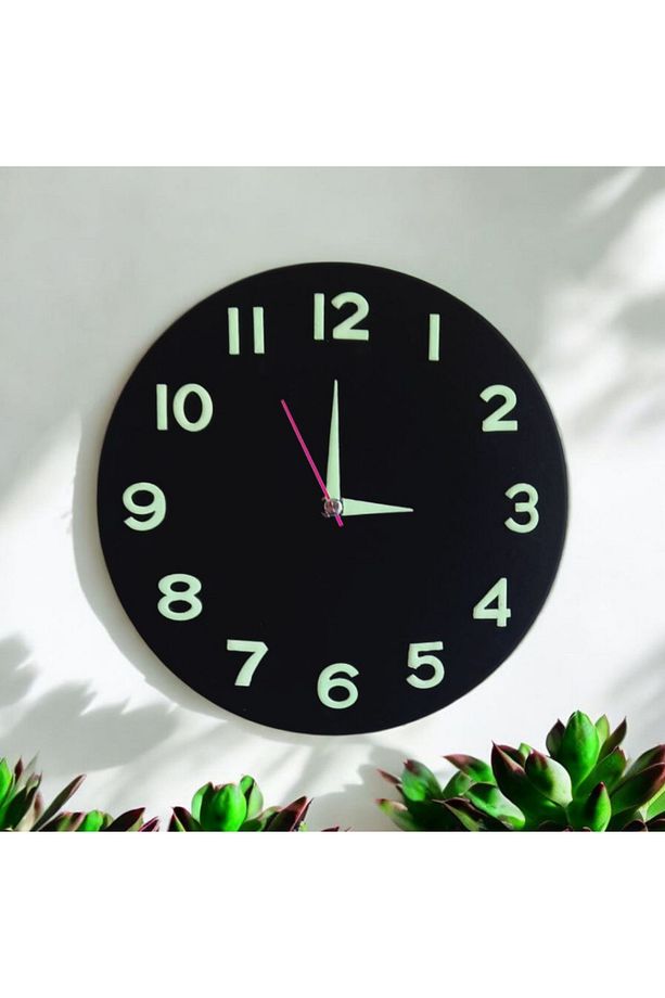 Çocuk Odası Fosforlu 3D Kabartma Rakam Ahşap Mini Siyah Duvar Saati Cam Yok Çap 22 Cm - 4