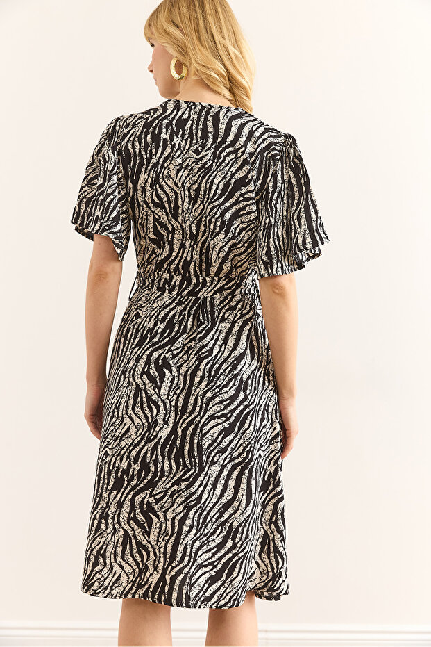 Kadın Zebra Siyah V Yaka Kuşaklı Dokuma Mini Gömlek Elbise ELB-19002380 - 7