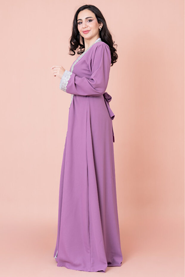 قفطان مطرز سادة بحزام من قطعتين - 3