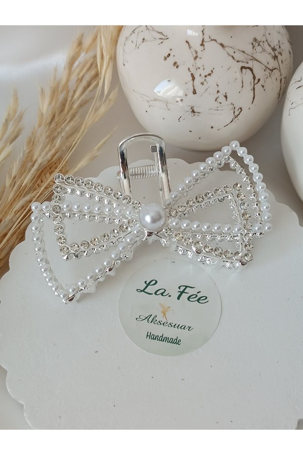 Silver Color Bow Women's Hair Clip Ribbon Hair Clip Metal & Pearl Detail Hair Clip Metal