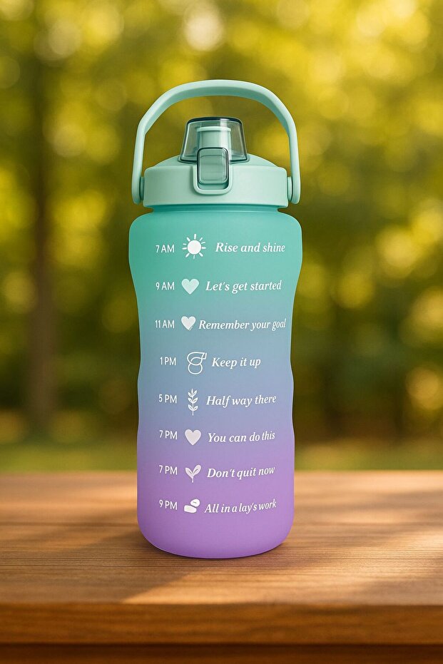 2Lt Water Flask with Straw - Motivational Water Bottle Flask Bpa Free (Turquoise-Purple)