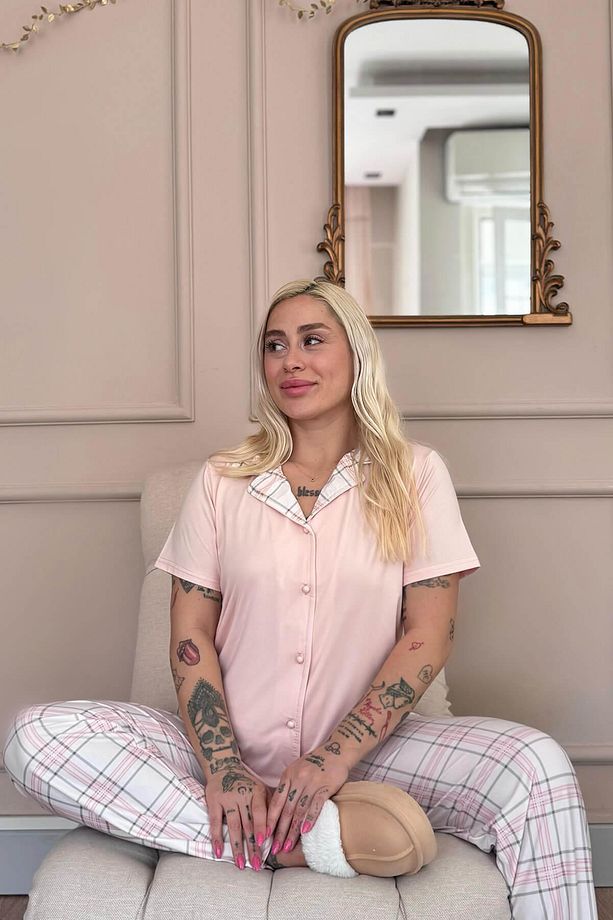 Pudra Soft Check Exclusive Önden Düğmeli Kadın Pijama Takımı - 3