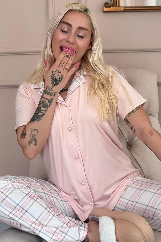 Pudra Soft Check Exclusive Önden Düğmeli Kadın Pijama Takımı - 1