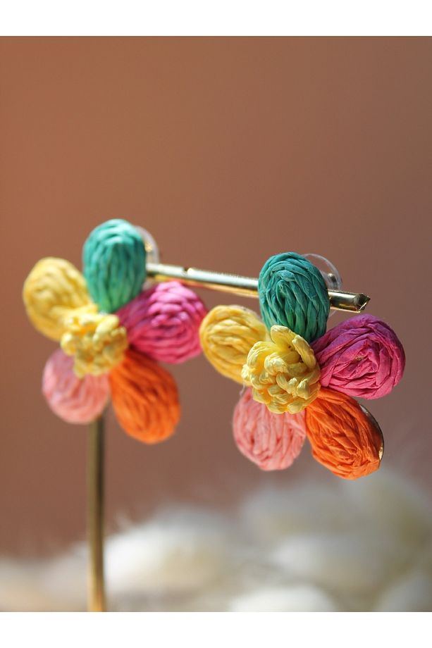 Renkli Hasır Çiçek Küpe - 3