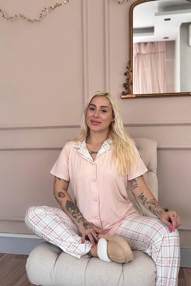 Pudra Soft Check Exclusive Önden Düğmeli Kadın Pijama Takımı - 4