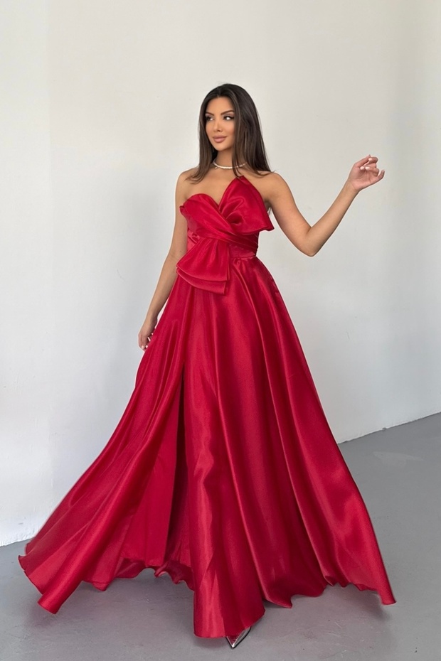 Bow-Detail Princess Lace-Up Back Organza Evening Dress Slim Fit