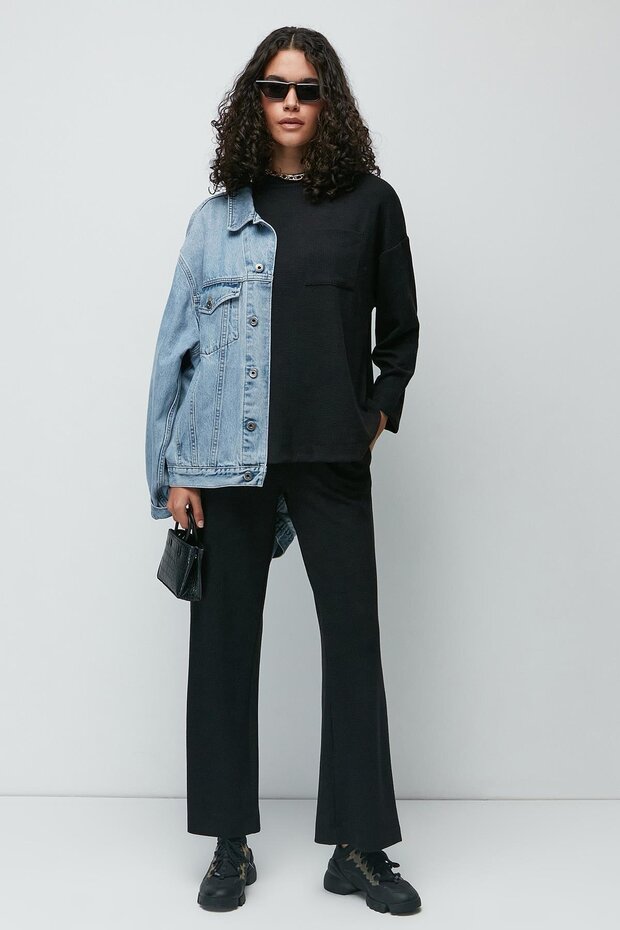 Ribbed Pocket T-Shirt Flared Leg Trousers Set 9132 Black