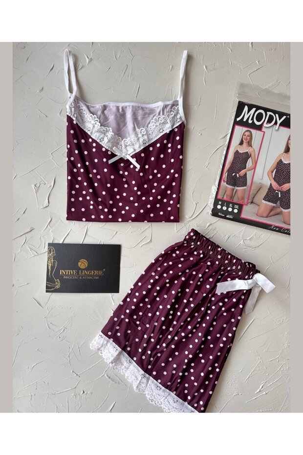 Intive Lace Detailed Soft Plum Polka Dot Patterned Strappy Blouse Shorts Pajama Set