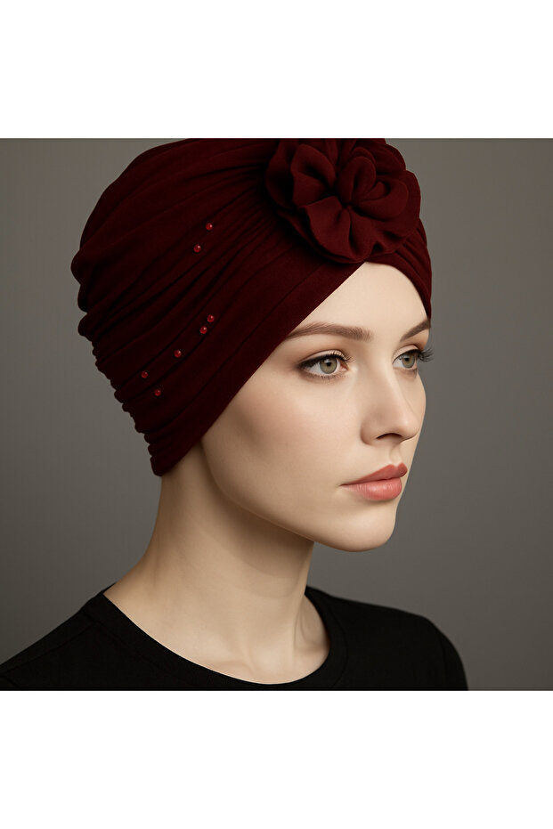 Pearl Detail Draped Bonnet Claret Red